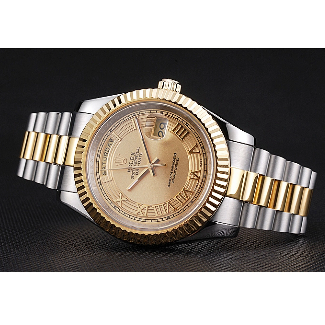 Aaa replica watch 18k Gold Steel Dial Day-Date Stainless Plated Gold Two Rolex Tone 0604